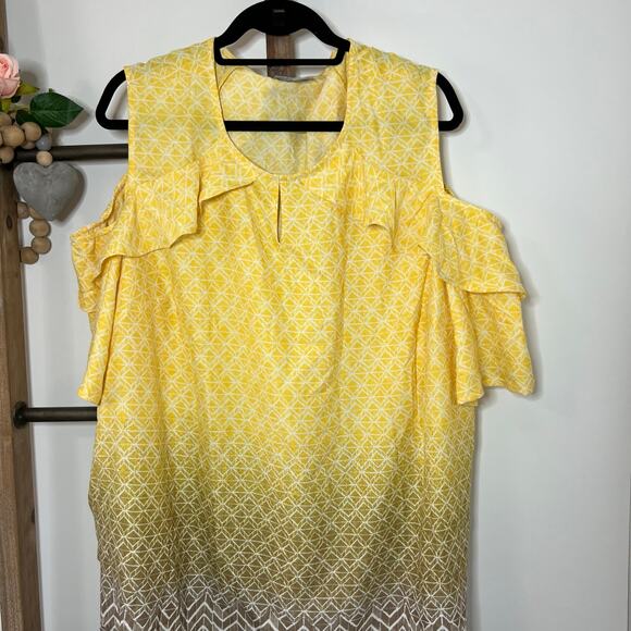Catherines Cold Shoulder Yellow Brown‎ Blouse Size 2X - Picture 2 of 7
